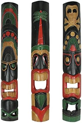 Zeckos Комплект от 3 Изрязани Ръчно Маски Тики в Острова стил от полинезийски Дърво Ръчна изработка, Стенен Декор, Подвесное