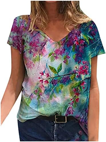 Дамски Памучен Блуза Свободно Намаляване с V Образно деколте и Цветен Модел Тениска за Момичета Есен-Лято DI DI