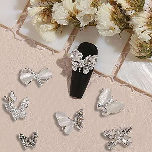 3D Сребърни Висулки за нокти с Пеперуди, 8шт Окачване за Дизайн на ноктите с Пеперуди от Сплав, Блестящи Циркониеви Пеперуди, Кристали