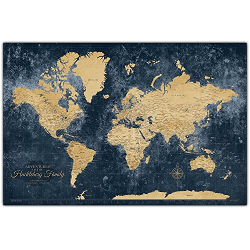 Персонални Текстурирани Карта на света от злато и тъмно-син цвят на платно, 3 Размера, В комплект игли за проследяване на пътуване,