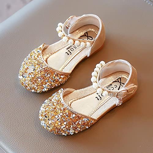 Сандали за момичета, детски сандали с пайети и лък, Фини обувки на Принцесата с Перли За момичета, Кристални обувки за бебета (Злато-2,