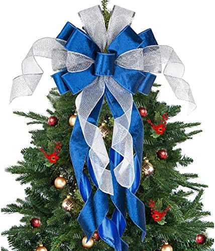 Topper за Коледно Lulu Home, 34 x 13, Синьо-Бяло Голям Лък от Нежната мрежа 34 x 13 с Дълги Панделки, Декоративен Лък с Тел, Ръбове