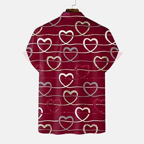 YHAIOGS Риза с яка, копчета мъжки Valentine 3D Дигитален печат джоб с катарама на ревера на Ризата с къс ръкав отгоре с v-образно деколте