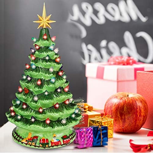 Joiedomi 15 Настолна Керамични Коледно Дърво с Влак, Предсвеченная Коледна Елха с Повече Жълтата Звездичка и Крушки за най-добра украса