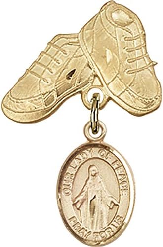 детски икона от Жълто злато 14 карата с талисман света Богородица и игла за детски сапожек размер 1 X 5/8 инча