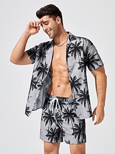 FDSUFDY Облекло от две части за мъже, Мъжка Риза с принтом палмови клони и къси Панталони с завязками на талията (Цвят: многоцветен,