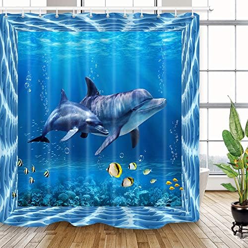 Завеса за душ с Делфина Shocur, Подводен Свят Фантастично Синьо на Океана, Сладък Тропически Жълти Рибки и Корали балон, Определени