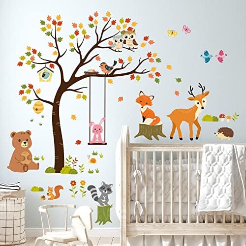 DECOWALL LS-2208 Стикери за стена с изображение на дървета и животни, Етикети за детска стая, Есенен Декор Спалня, Детска Стая, Горски