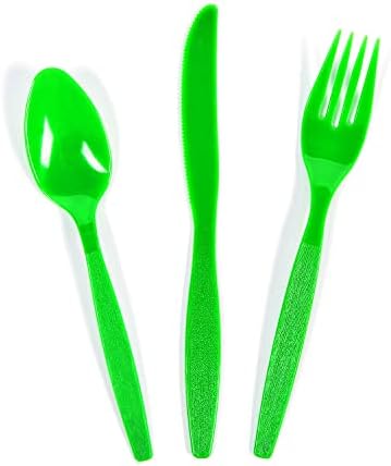 Обемна пластмасови комплекти прибори за хранене, 70, 210 броя, лъжици, ножове, вилици, аксесоари за партита и сватби (зелен)