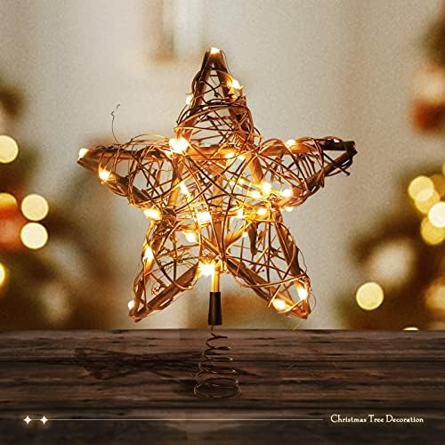 Върхът на Коледната елха, Коледен декор под формата на звезди от ратан, 7 м/275,5 инча, Струнни инструменти, осветителни тела, включително