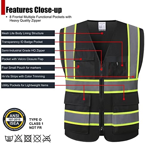 Защитни жилетки от черна вкара плат с висока видимост HATAUNKI с 8 джобове и преден цип, жилетка за безопасност hi vis, за мъже