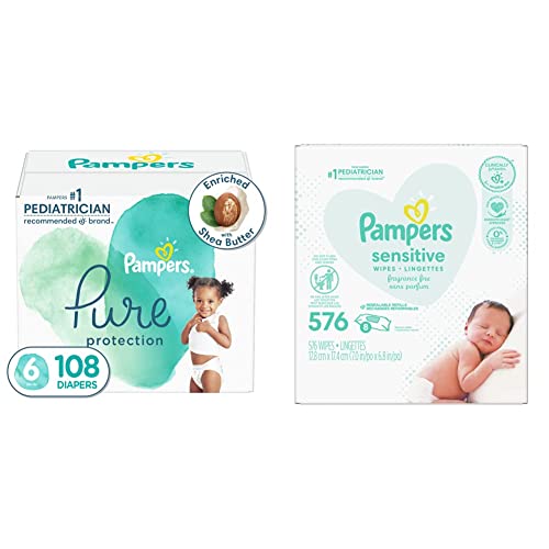 Размер памперси 6, брой 108 - Бебешки Пелени за Еднократна употреба Pampers Pure Защита и Бебешки Кърпички, Чувствителни Кърпички,