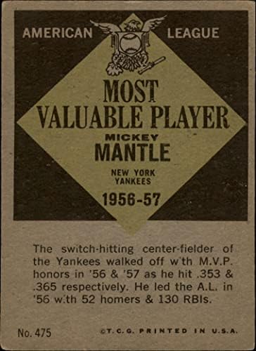 1961 Топпс 475 Най-ценен играч на Ню Йорк Янкис Мики Мэнтл (бейзболна картичка) VG+ йорк Янкис