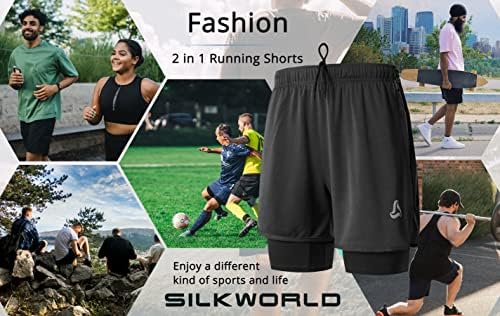 Мъжки шорти за бягане SILKWORLD 2 в 1, Мрежести бързо съхнещи Спортни къси панталони за Фитнес зала за Мъже - Джобове с цип