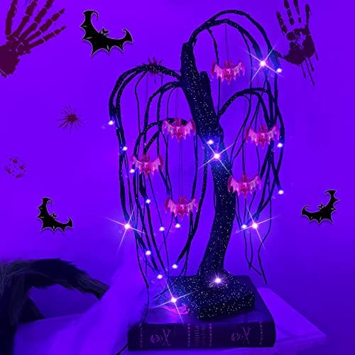 TURNMEON 18-Инчовата Дъска Елха на Хелоуин с 24 Led виолетови Лампи, Таймер, който Работи на Батерии, 6 Страховити Прилепи, Блестящ