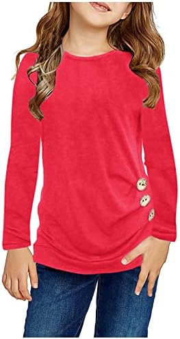 Модерна Детска тениска За момичета, Однотонная Ежедневна Туника Копчета, Блузи с дълъг ръкав, Свободна Блуза с кръгло деколте,