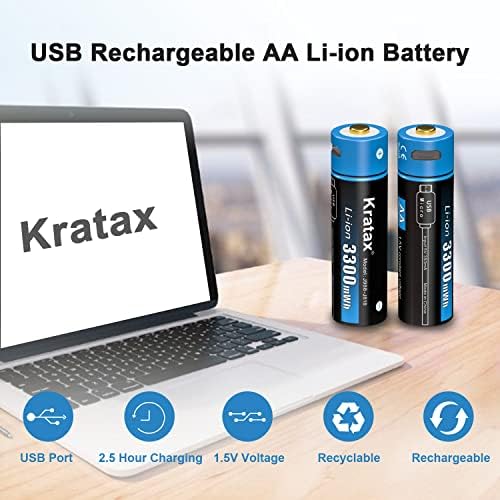 Акумулаторни батерии тип АА Kratax USB, Литиеви батерии тип USB Double A капацитет от 3300 МВтч, постоянен изход 1,5 В, USB-кабел