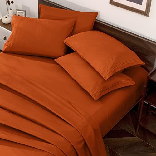 Комплект спално бельо Horbaunal Burnt Orange Queen Size - 6 теми, Луксозни Постелки с много нишки 1800 и калъфка за възглавница - 16 см, Комплект