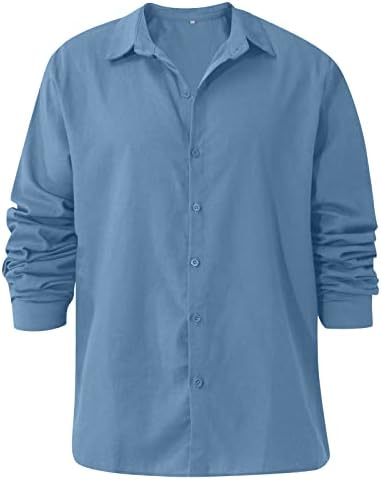 Памучен Бельо Тениска за Мъже, Риза с Копчета и Дълъг Ръкав, Лека Блуза, Монофонични Случайни Дишаща Топ