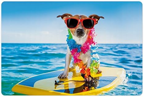 Подложка за домашни любимци Ambesonne Ride The Wave за храна и вода на Кучето в океана, Занимаваща се с сърф, Стръмни Кученце, Плаващ, Комични