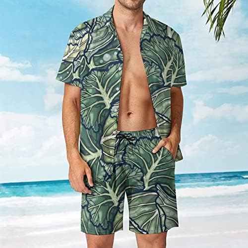 Зеленчуци Зеле Мъжки Хавайски Комплект от 2 теми, Ризи с къс ръкав Копчета, Плажни Панталони на Свободния Намаляване, Тениски, Спортен
