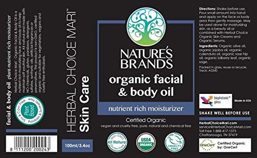 Органично масло за лице и тяло Herbal Choice Mari (стъклена бутилка от 0,5 течни унции) - Без токсични синтетични химикали, Одобрен от TSA размер за пътуване