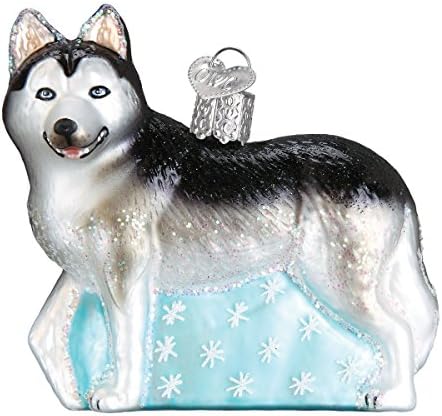 Коледна украса от Бластване стъкло в стил на Стария свят с S-Образно една кука и Подарък кутия, Събиране на куче (хъски)