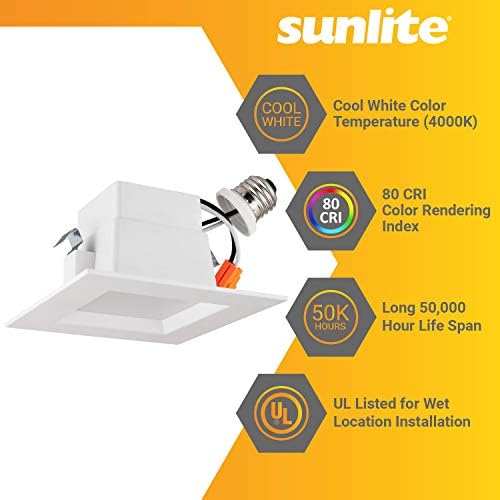 Осветителни тела Sunlite 41116 LED Retrofit 4-инчов квадратни, Средна база, с регулируема яркост, 10 W (65 W =), 700 лумена,