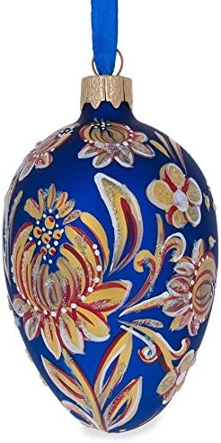 Златисто-Сини Цветя Украшение От Стъкло Яйца 4 Инча