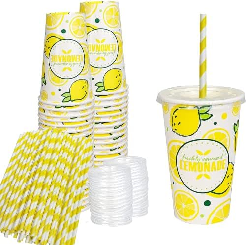 Чашки за лимонада с капаци и хартиени соломинками | 12 унции - Комплект от 50
