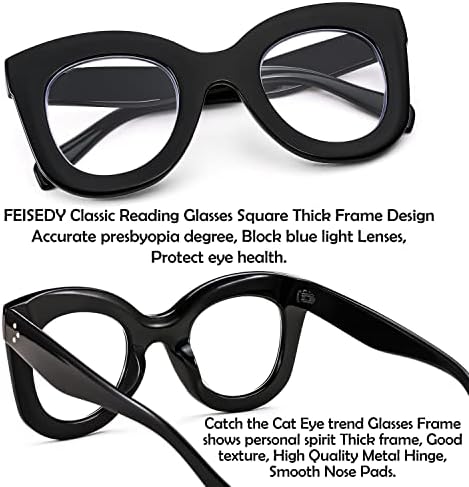 FEISEDY Ретро Извънгабаритни Очила За четене със Заключване Синя Светлина Cateye В Дебела Рамка, С Антирефлексно покритие