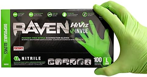 Нитриловые ръкавици SAS Safety RAVEN HiViz неоново зелен цвят, (по-рано Derma VUE), голям размер, 7 на ХИЛЯДА, без прах - 10