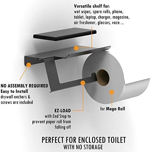 AmeriLuck Матиран Черен Държач за Тоалетна хартия с рафт за телефон, за мега-роли и мокри кърпички, конструкция от неръждаема Стомана,