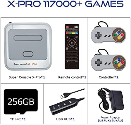 Игрова конзола 256GB X PRO Ретро стил с над 117 000 игри, Двойна система, Игрова конзола за 4K HD TV, 2 контролер, Wi-Fi/LAN, Отличен