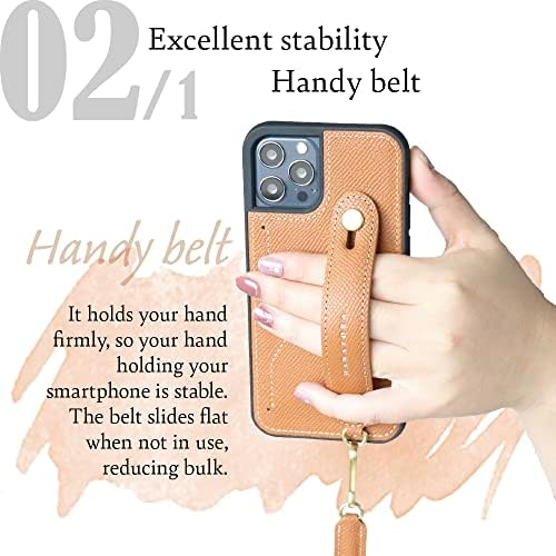 Hanatora] Мини-калъф iPhone12 От естествена кожа, чанта за улавяне, кожена каишка с релефни, функция поставка за джоба