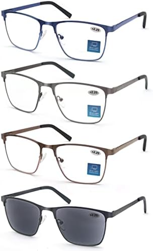 HEEYYOK, 4 опаковки Синьо-Екранировка на Очила За четене, Стилни Мъжки слънчеви Очила За Четене В Метална Рамка, Комфортни Очила С