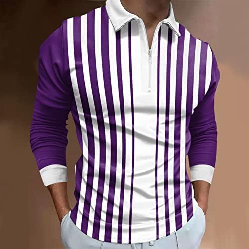 XXBR, Мъжки Ризи Поло с цип, Есенно-зимни Шарени блузи за голф в стил мозайка с дълъг ръкав на райета, Ежедневни Дизайнерска риза, Мъжко