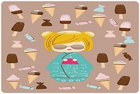 Подложка за домашни любимци от аниме Ambesonne за храна и вода, Японската Годишна Кукла Кокеши с Участието на Вкусен Сладолед и Бонбони,