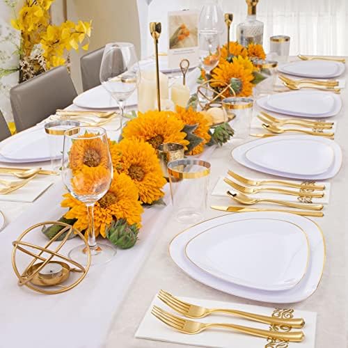 Отлични 210шт Бели и златни чинии, Златни пластмасови прибори - Златни кът чинии, Пластмасови десертни чинии, Златни пластмасови