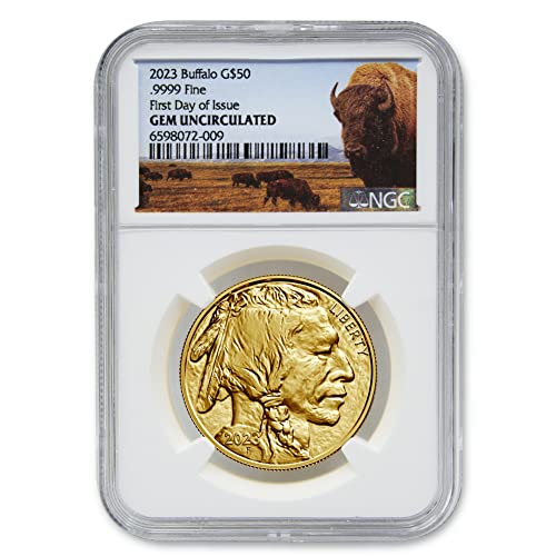 2023 Златни монети, в кюлчета Бъфало с тегло 1 унция, Скъпоценен камък, без лечение (Първия ден на издаване - Bison Label) 24 хиляди $ 50 GEMUNC