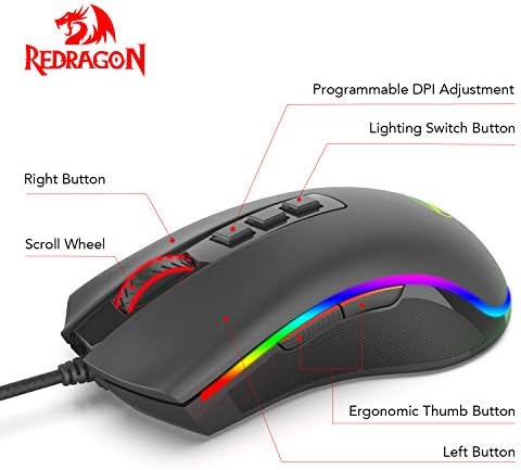 Детска мишката Redragon M711 Cobra с подсветка 16,8 Милиона цвята RGB, регулируема резолюция от 10 000 dpi, удобна изземване, 7 Програмируеми