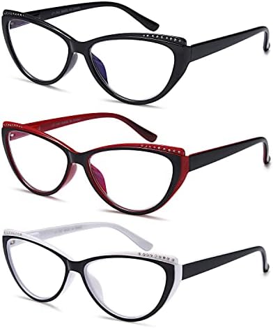 YTDBNS Очила за четене със заключване синя светлина - 3 опаковки на Леки и дизайнерски очила за четене Котешко око за жени