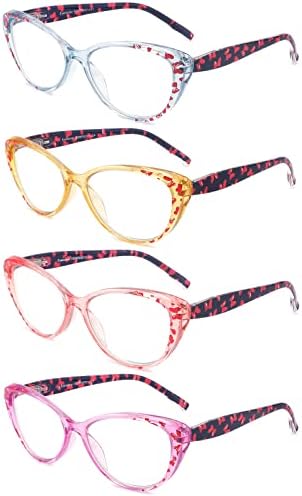 Очила за четене, Блокиране на Синята светлина, за жени, 4 опаковки, Стилни очила Котешко око, Модерен Леки Очила, Дизайнерски Дамски
