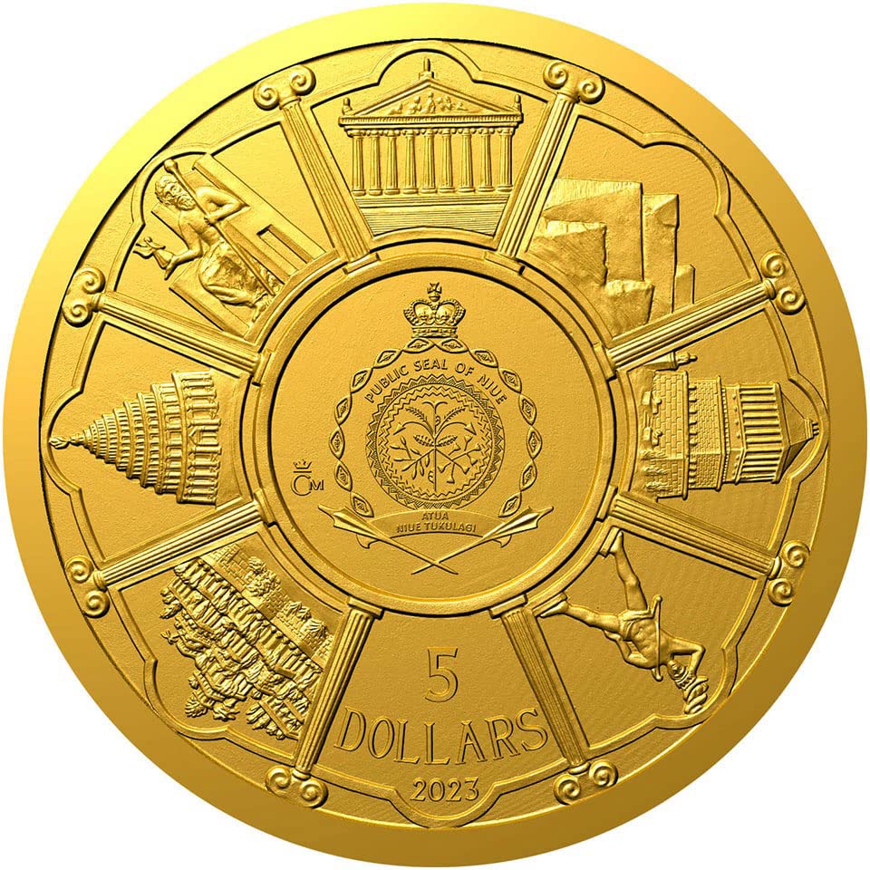 2023 DE Седем Чудеса на PowerCoin Colossus Родосский на Древния Свят 1/10 Унция Златна Монета 5 $ Ниуе 2023 Пруф