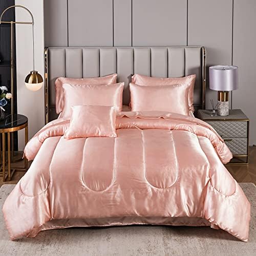Комплект атласного одеяла с чаршаф Комплект Queen Silk Like Розово легло в пакет 8 Теми Луксозен Копринен спално бельо с 1 Одеяло,
