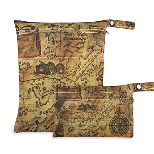 Ръчно рисувани на ръка Стари Пиратски Карта, Влажна, Суха Чанта за многократна употреба Влажна Пелена Чанта за Бански костюми Водоустойчив