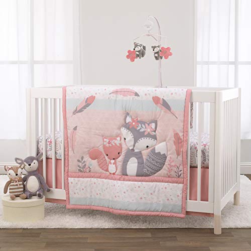 Little Love от NoJo Desert Flower - Комплект спално бельо за детска стая легла с лисици ръка и Пера Розово, Сиво и цвят на морските вълни