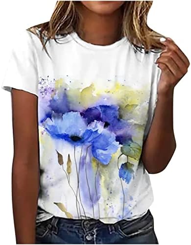 Тениска с Къс ръкав за Жени, Лято-Есен 2023, Облекло, с Кръгло Деколте, Памучен Тениска с Цветен Модел за Обяд, YA YA