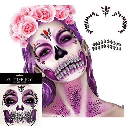 4 Опаковки Ден на Мъртвите Череп Временна Татуировка С Кристали За Лице, Етикети за Лице Скъпоценни Камъни за Хелоуин