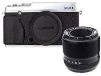 Корпус цифров фотоапарат Fujifilm X-E1 в сребърен цвят, в комплект с обектив Fujifilm XF 60mm F/2.4
